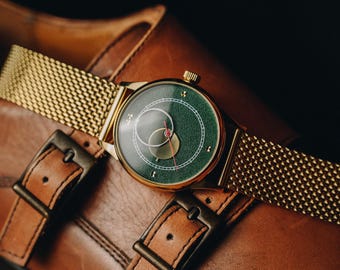 Rare montre personnalisée Lune « Copernicus » Heritage pour homme, cadran orbite 40 mm | Montre-bracelet gravée à la main | Cadeau pour homme / Papa / Petit ami