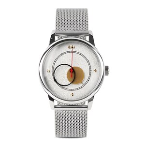 Rare Men's Copernicus watches "Moon" White Dial and 40mm Case - Gift for him, Handmade watches, Personalized Engraving Silver Mesh Bracelet