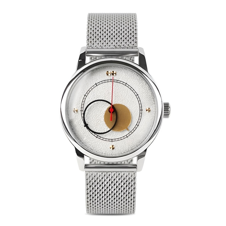 Rare Men's Copernicus watches "Moon" White Dial and 40mm Case - Gift for him, Handmade watches, Personalized Engraving Silver Mesh Bracelet
