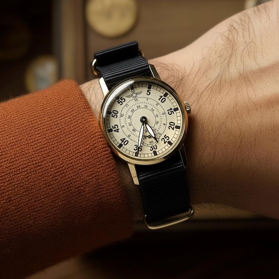 Vintage ZIM "Aviation" Watch - Rare 1970s Pilot Dial - Handmade Military Style Watch - Gift for Husband - Personalized Engraving