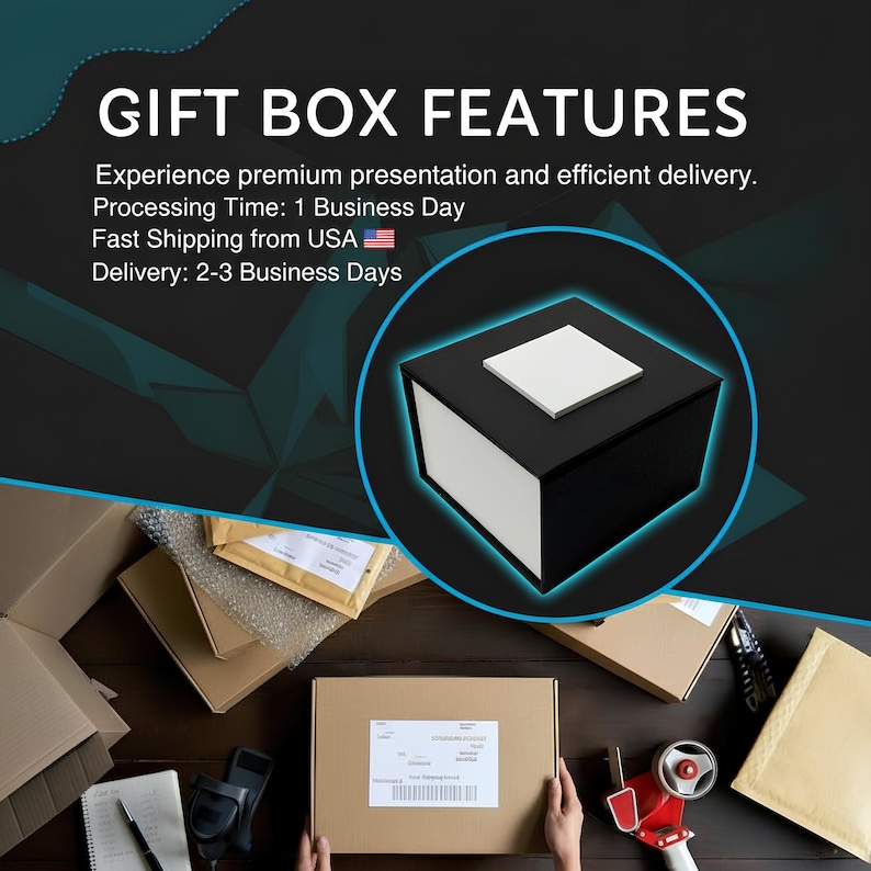 May include: A square gift box with a black exterior and a white top panel, presented within a circular frame. The box is shown against a dark background with text that reads GIFT BOX FEATURES, along with shipping and processing information.