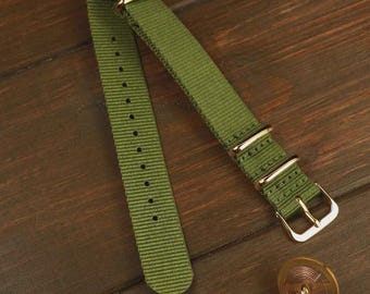 20mm Green Nylon Watch Band with Gold Tone Buckle Replacement Strap