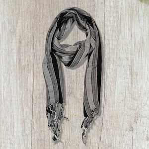 Handwoven Black & Dark Gray Striped Scarf: Egyptian Cotton Viscose Wrap (63&quot;x17.7&quot;)