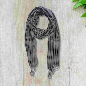 Handwoven Cotton Scarf – Egyptian Viscose Wrap in Black, & Dark Grey Thin Stripes – Artisan-Made Gift for Her (63&quot;x17.7&quot;)