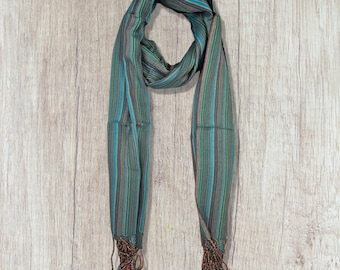 Handwoven Egyptian Cotton Scarf – Turquoise Red Striped Viscose Wrap