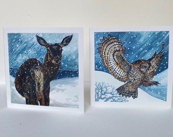 A pack of 8 Christmas cards, of 2 linocut designs featuring a 'Snowfall Owl' and a 'Snowfall Deer' Free UK Postage