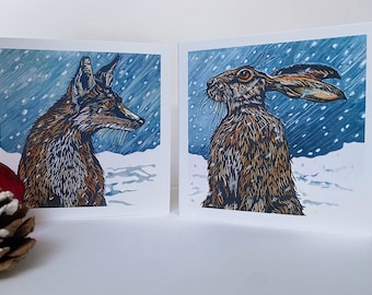 Linocut Design Christmas Cards: Snowfall Fox and Hare , Pack of 8