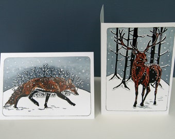Linocut Design Christmas Cards: Snowy Fox and Stag, Pack of 8