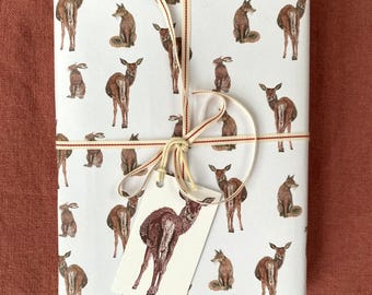 Wildlife Linocut Gift Wrap, including 2 Deer Gift Tags