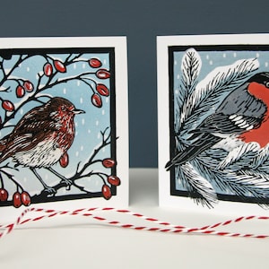 Pak met 8 kerstkaarten, 2 linosnede-vogelontwerpen met een roodborstje en een goudvink