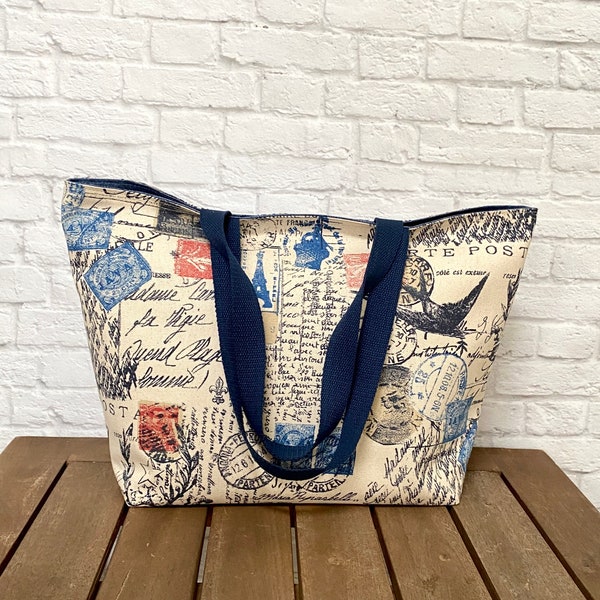 Foldable Tote Bag | Large Travel Tote | Canvas Market Bag | Carry All Tote | Reusable Shopper | Beach Tote Bag | Paris Print Shoulder Bag