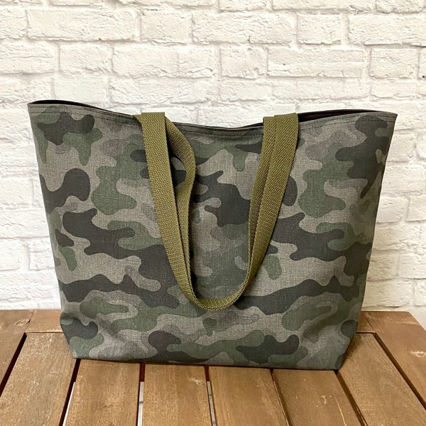 Foldable Tote Bag | Large Travel Tote | Canvas Market Bag | Carry All Tote | Reusable Shopper | Beach Tote Bag | Camo Shoulder Bag