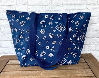 Niebieska torba płócienna typu bandana: duża torba na zakupy, na plażę, podróżna
