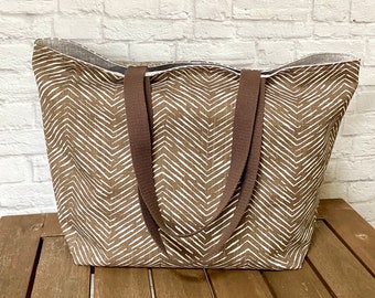 Foldable Tote Bag | Large Travel Tote | Canvas Market Bag | Carry All Tote | Reusable Shopper | Beach Tote Bag | Brown Chevron Shoulder Bag