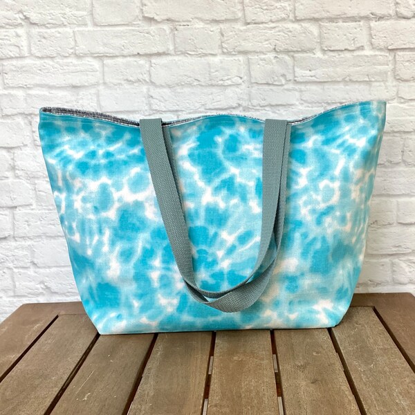 Foldable Tote Bag | Large Travel Tote | Canvas Market Bag | Carry All Tote | Reusable Shopper | Beach Tote Bag | Aqua Tie Dye Shoulder Bag