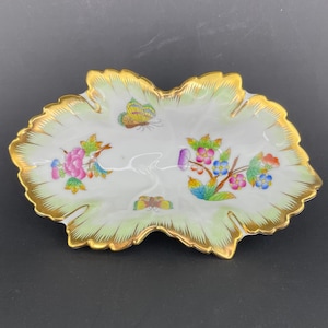 Herend Queen Victoria Leaf-Shaped Small Nut / Trinket Dish #7724 - Hand-Painted Flowers & Butterflies w/ Gold Trim - Hungarian Porcelain