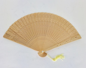 Vintage 8" Folding Hand Fan w/ Original Box - Natural Wood - Pierced or Reticulated Design - Lemon Colored Tassel - Great Stocking Stuffer!