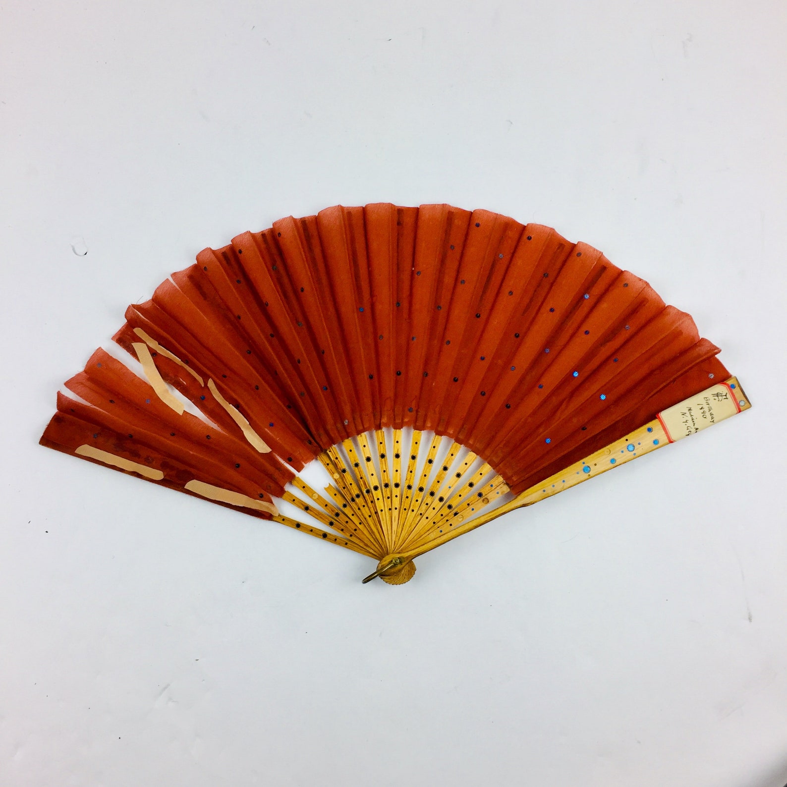 Antique 1890 Folding Hand Fan Wood & Silk With Blue Sequins Etsy