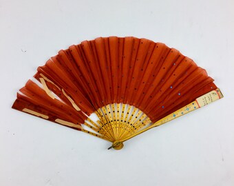 Antique 1890 Folding Hand Fan: Wood & Silk Sequins, Restoration Project