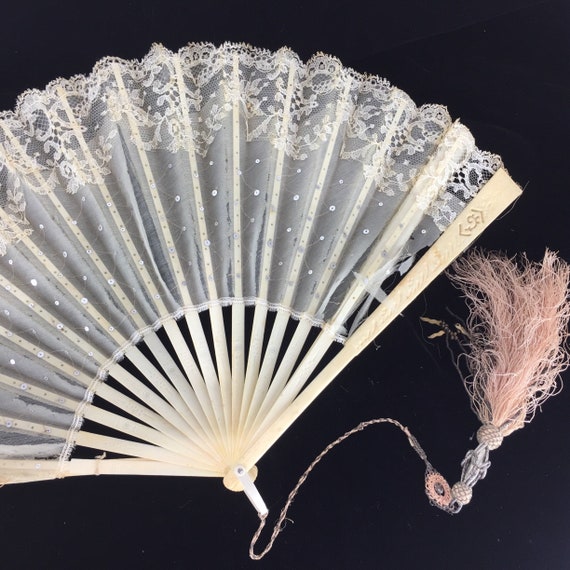 Vintage Folding 10 Hand Held Fan Ivory Lace & Wood Etsy