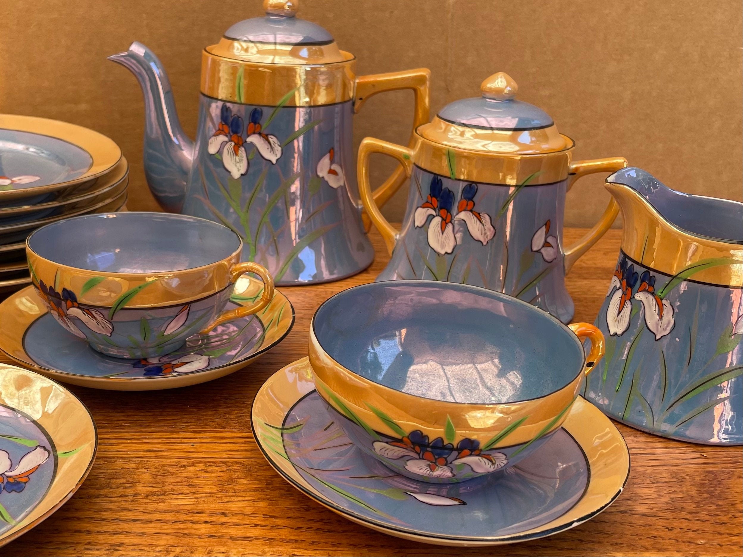 Vintage Lusterware Tea Set 14 Pieces Blue and Gold with Etsy