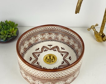 Lavabo de cerámica pintado a mano, lavabo redondo rústico para baño.