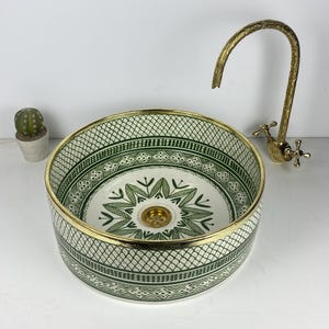 Handmade Emerald Green Ceramic Vessel Sink: Brass Rim, Moroccan Basin