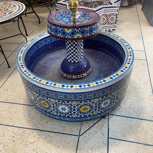 Floor Handmade Mosaic Fountain, Large Water Feature, Moroccan Zellij for Outdoor Indoor Fountain Decor, Masterfully Handcrafted Fountain