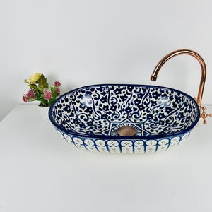 Lavabo de cerámica hecho a mano - Lavabo ovalado azul para tocador de baño - Lavabo de cerámica a medida - Lavabo rústico