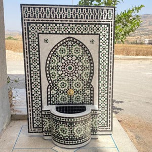 Hand-Cut Zellige Fountain for Garden or Indoor, Teal-Amber Moroccan Water Feature, Green Mosaic water fall Decor
