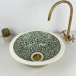 GREEN VESSEL SINK, Hand-painted Vanity Basin Bowl, Custom Made Mid-century Sink, Luxury Bathroom Sink Decor, Countertop Washbasin