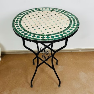 MOROCCAN MOSAIC TABLE, Emerald Green And Off White Table Round Outdoor Patio Tile Table, Handmade Zellige Bistro Table for Balcony or Garden