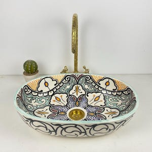 LAVABO DE BAÑO DE CERÁMICA TRADICIONAL, lavabo ovalado, lavabo de tocador marroquí hecho a mano, lavabo estilo bohemio de granja, lavabo de encimera artesanal.