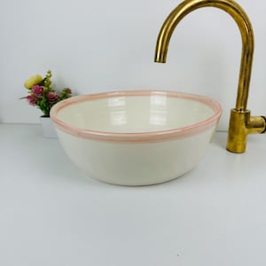PINK MINIMALIST SINK, Custome made Ceramic vanity sink, White Sink with Soft Pink Trim, Mid Century Modern Bathroom Countertop Bowl Sink.