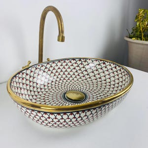Lavabo de cerámica ovalado - Lavabo de encimera con borde de oro de 14 quilates - Lavabo de baño hecho a mano con desagüe de latón - Lavabo de lujo para mejorar el tocador