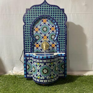 MOSAIC WATER FOUNTAIN, Backyard Moorish Fountain, Outdoor & Indoor Waterfall Fountain 100% Handcrafted, Moroccan Zellige Fountain