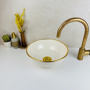 Chic White Vanity Sink Bowl - Round Ceramic Basin with Gold Trim - Lavatory Bathroom vanity washbasin sink