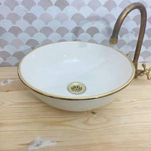 Handmade Ceramic Bathroom Sink: OFF White with 14K Gold Rim