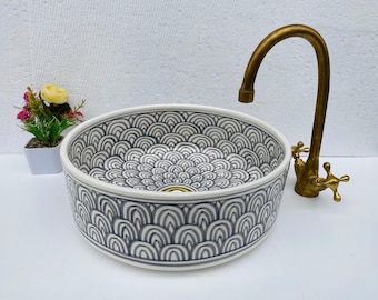 Hand-Glazed Ceramic Vessel Sink, Gray Scallop Motif, Artisan Wash Basin