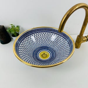 GORGEOUS CERAMIC SINK, 14K Gold Rimmed Vessel Sink, Luxarious Bathroom decor Sink, Blue Vanity Sink, Vessel Sink Statement Piece