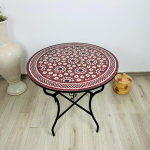 INDOOR OUTDOOR TABLE, Large Round Burgundy Red Zellij Mosaic Table, Handmade Tile Top Table, Intricate Geometric Star & Braided Border Table