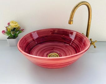 Berry Swirl Ceramic Bathroom Sink: Handmade Glossy Red Wash Bowl