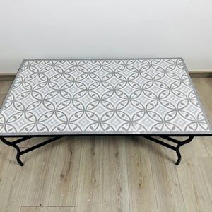 UNIQUE MOSAIC TABLE, Handmade Off White & Gray Pattern, Neutral Tile Patio Table, Traditional Custom Made Design, Mid Century Mosaic Table