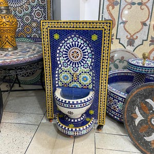 Handmade Mosaic Fountain: Moroccan Zellige Tile Water Feature with Brass Faucet