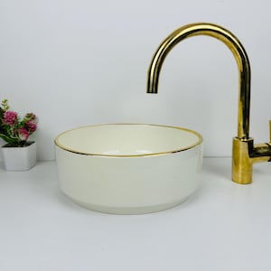 MINIMALISTISCHE LUXE wastafel, 14K gouden rand en gebroken witte wastafel voor rustieke badkamer, wastafel voor gastenbadkamer, moderne boerderijbekken