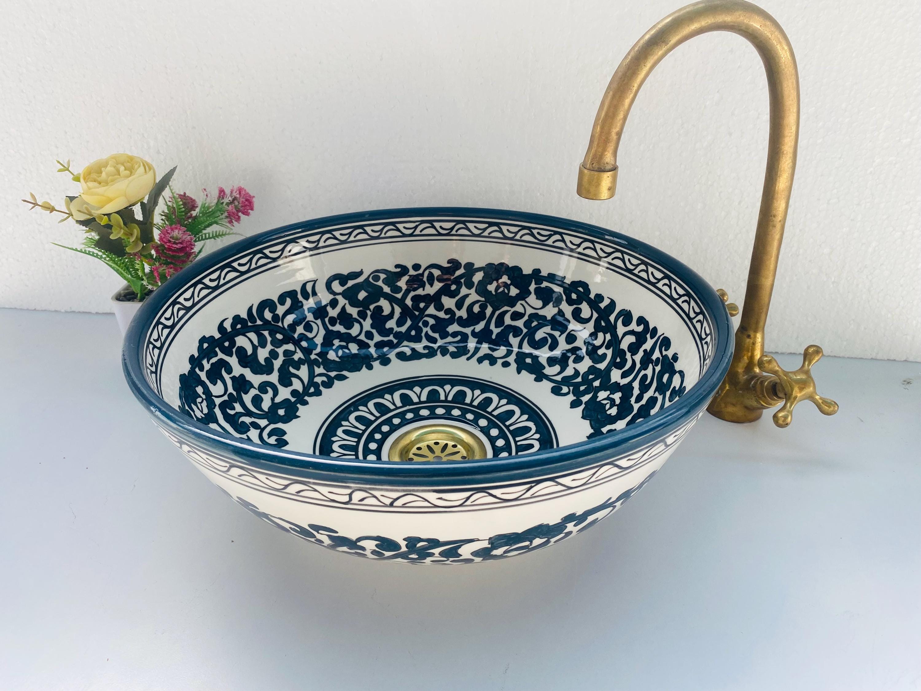 Andalusian Blue Floral Sink, Handcrafted Moroccan Basin, Elegant White Bathroom Wash Bowl, Countertop Basin Sink