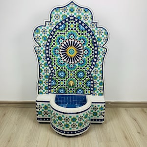 Arched Top Zellige Fountain – Tile Basin & Floral Pattern Fountain – Handmade Moroccan Mosaic Wall Fountain – Outdoor Bohemian Water Feature