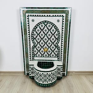 Green Moroccan Mosaic Fountain – Handmade Tile Wall Fountain – Zellige Water Feature with Brass Spout – Indoor Outdoor Patio Decor