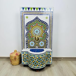 MOSAIC FOUNTAIN, Moroccan Mosaic Wall Fountain, Brass Spout Fountain Indoor-Outdoor Patio Water Feature, Traditional Garden tile Fountain.