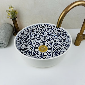 Bathroom Vessel Sink Round hand painted, Countertop vanity basin sink, Modern Wash-hand Floral Design, Lavatory Washbasin Artisanal